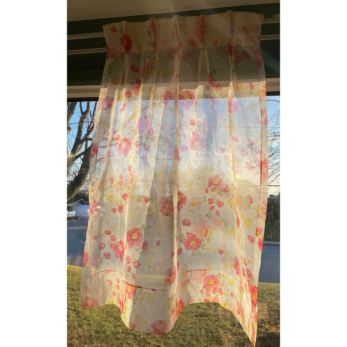 Vintage 70s pleated curtain, pink floral, sheer panel