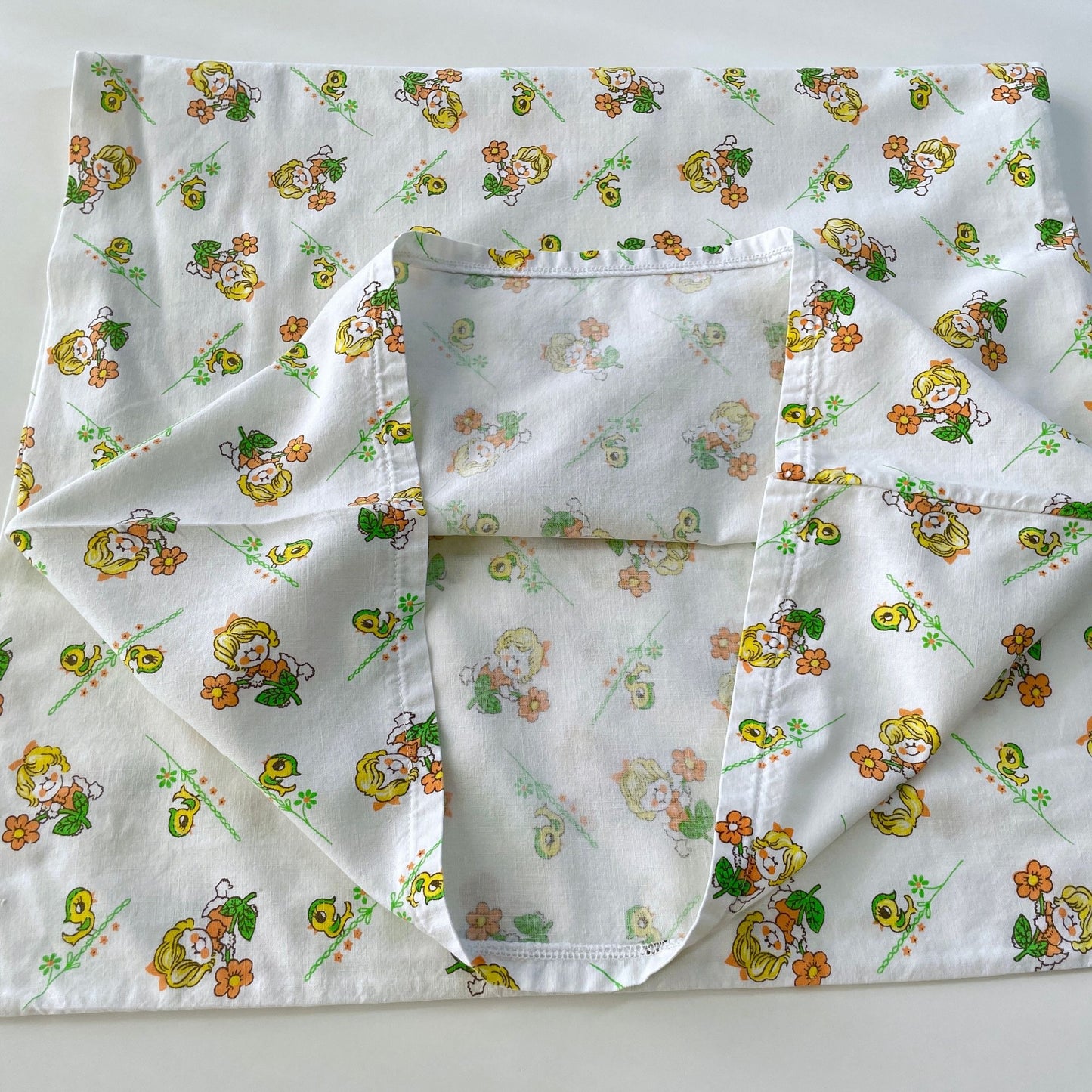 Vintage 60s children pillowcase, daisies and ducks, orange, green and yellow