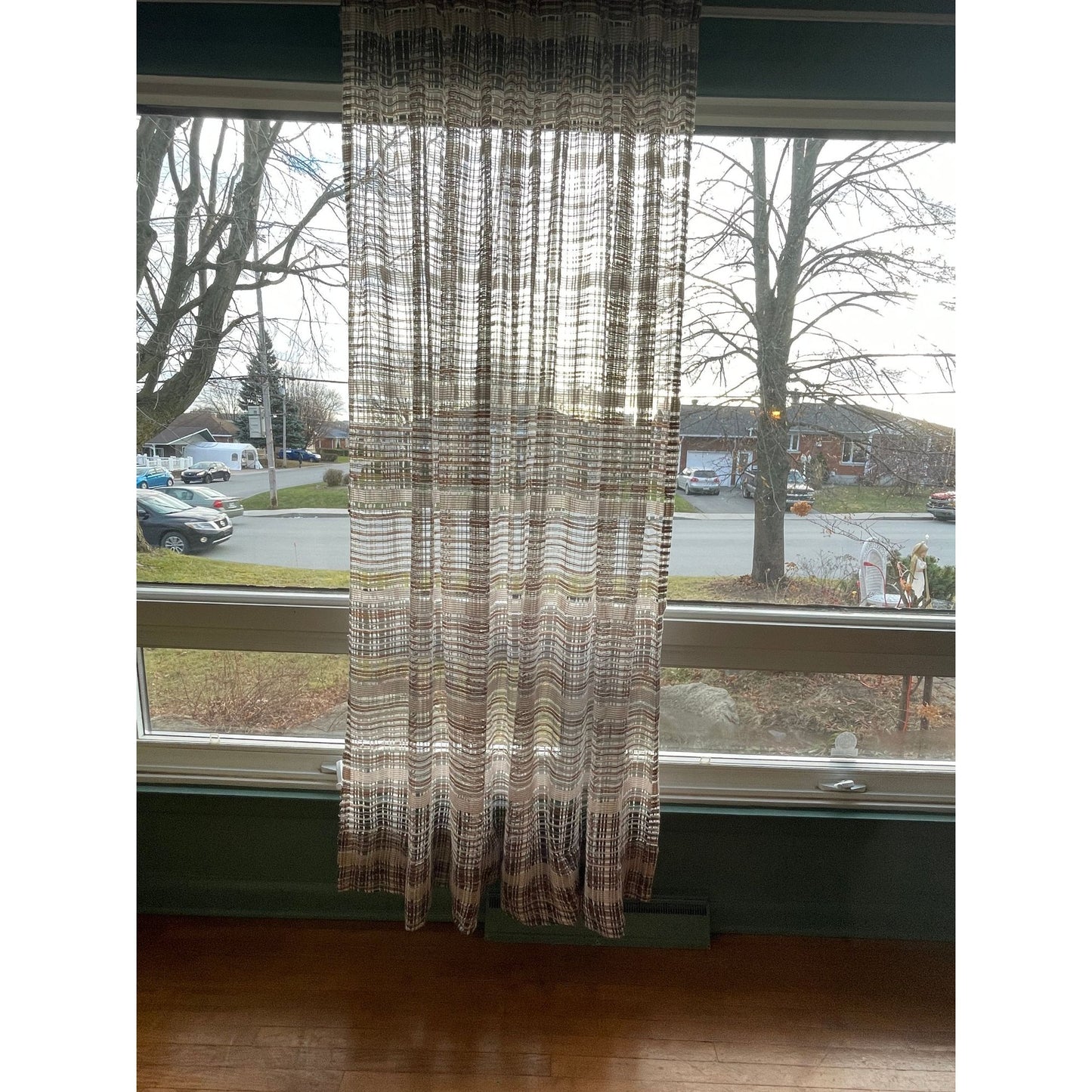 Vintage 70s pleated curtain, brown mesh panel