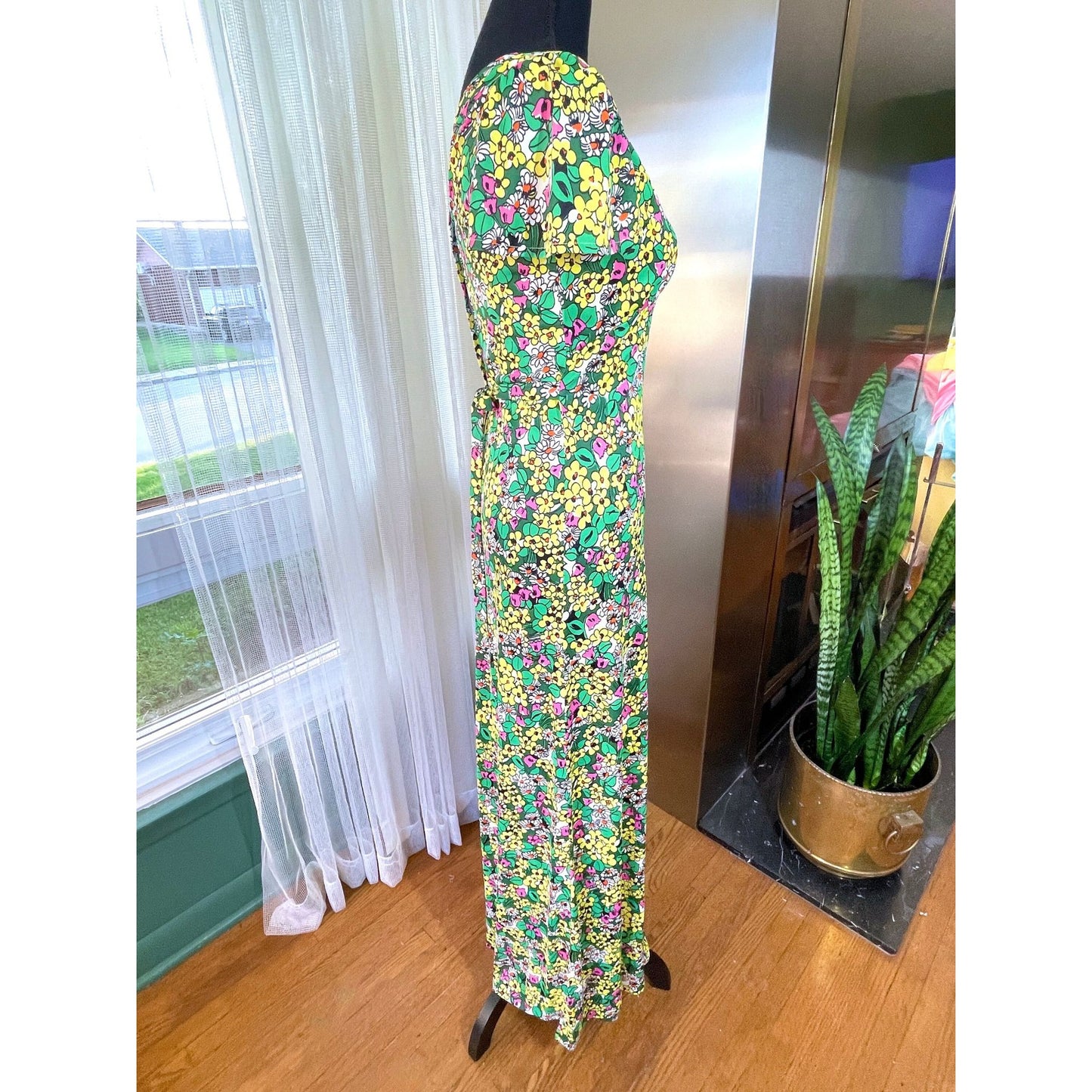 Vintage 1960s maxi dress, green, yellow and pink floral