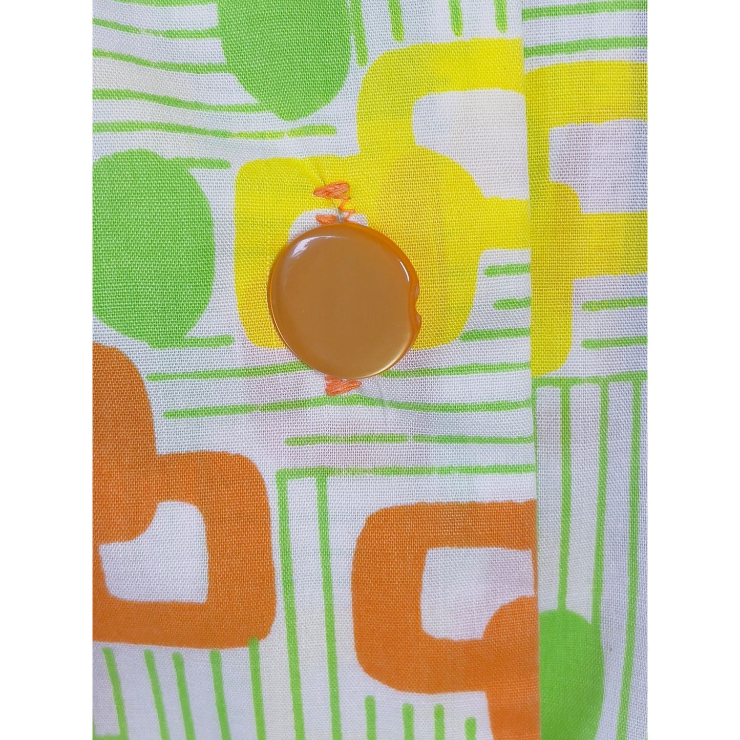 Vintage 70s dress, yellow, green, orange geometric pattern, short sleeves
