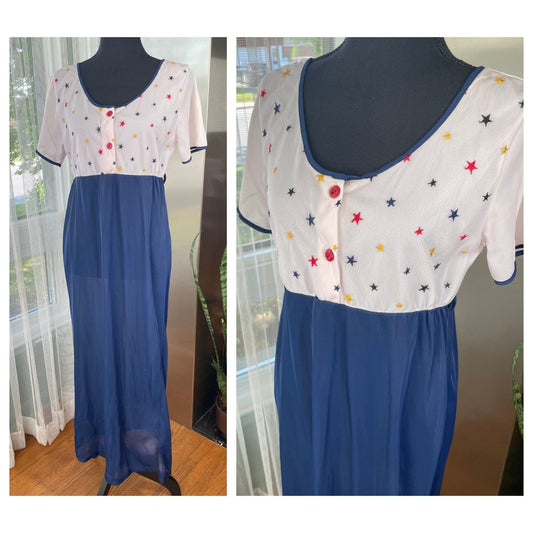 Vintage 80s dress, royal blue, white top, red yellow blue stars, short sleeves