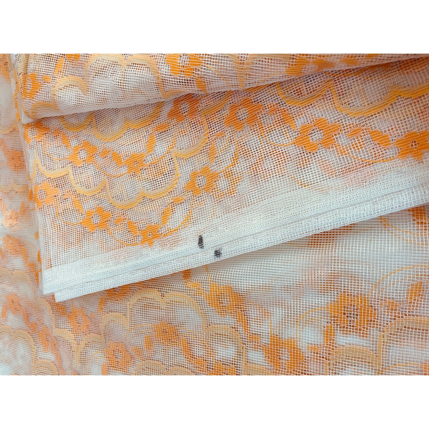 Vintage 70s mesh curtains, orange white groovy pattern, pair