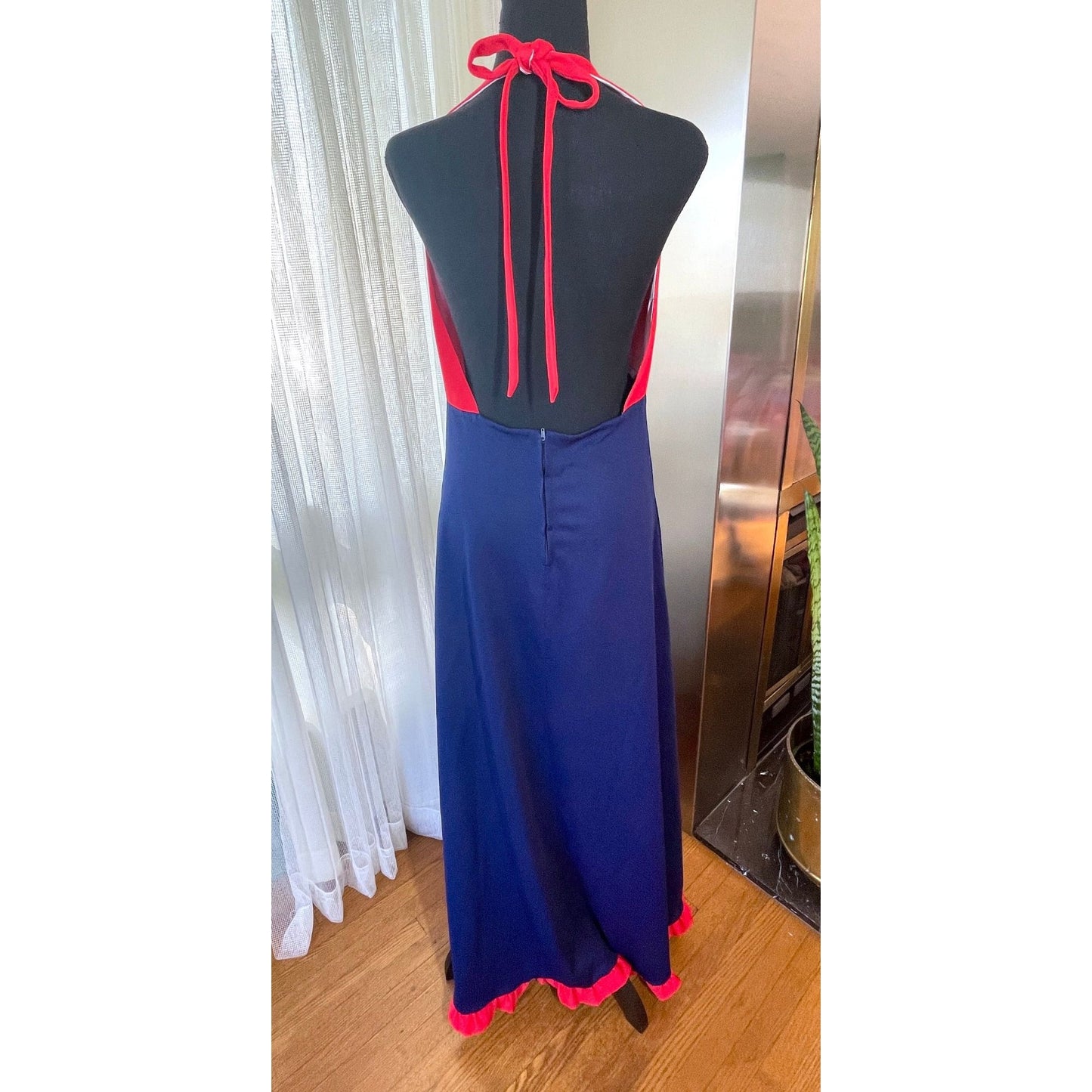 Vintage 70s halter dress, red and navy blue