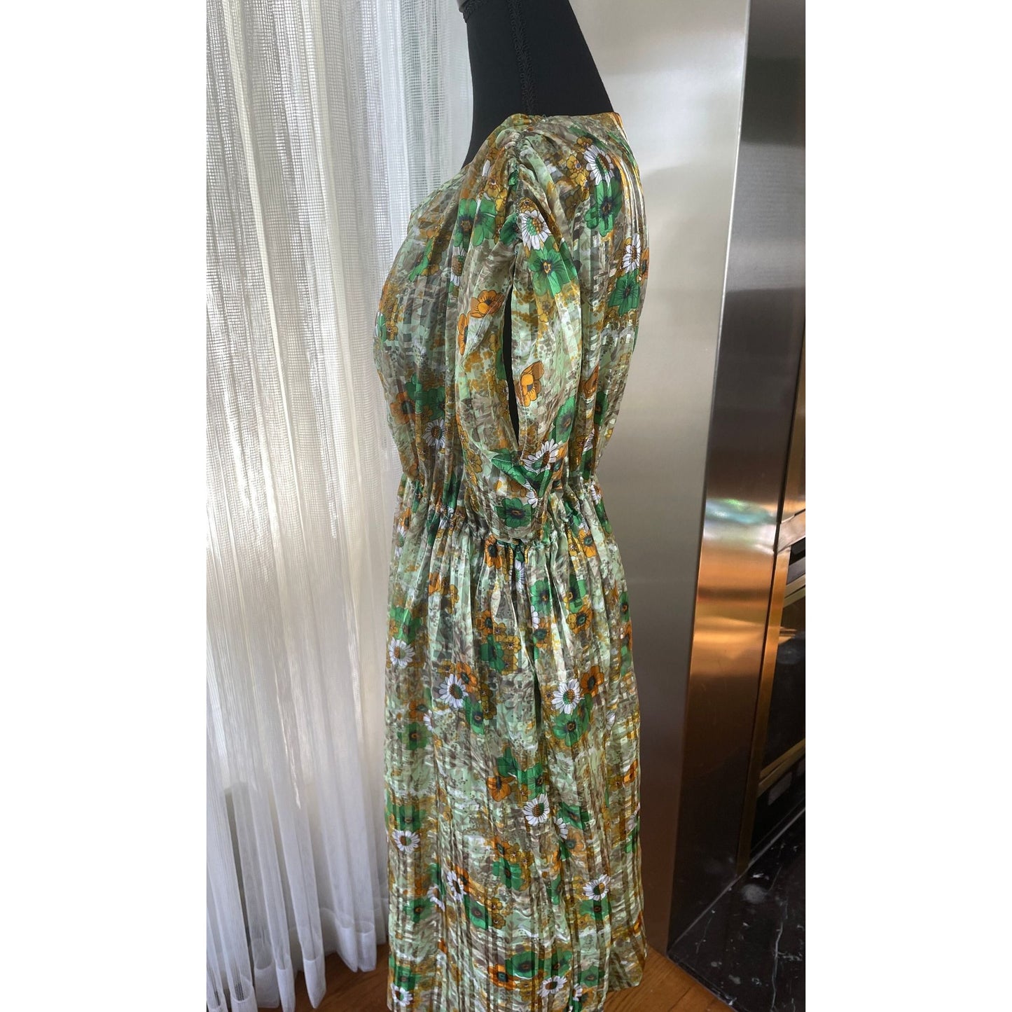 Vintage 80s dress, sheer green orange brown
