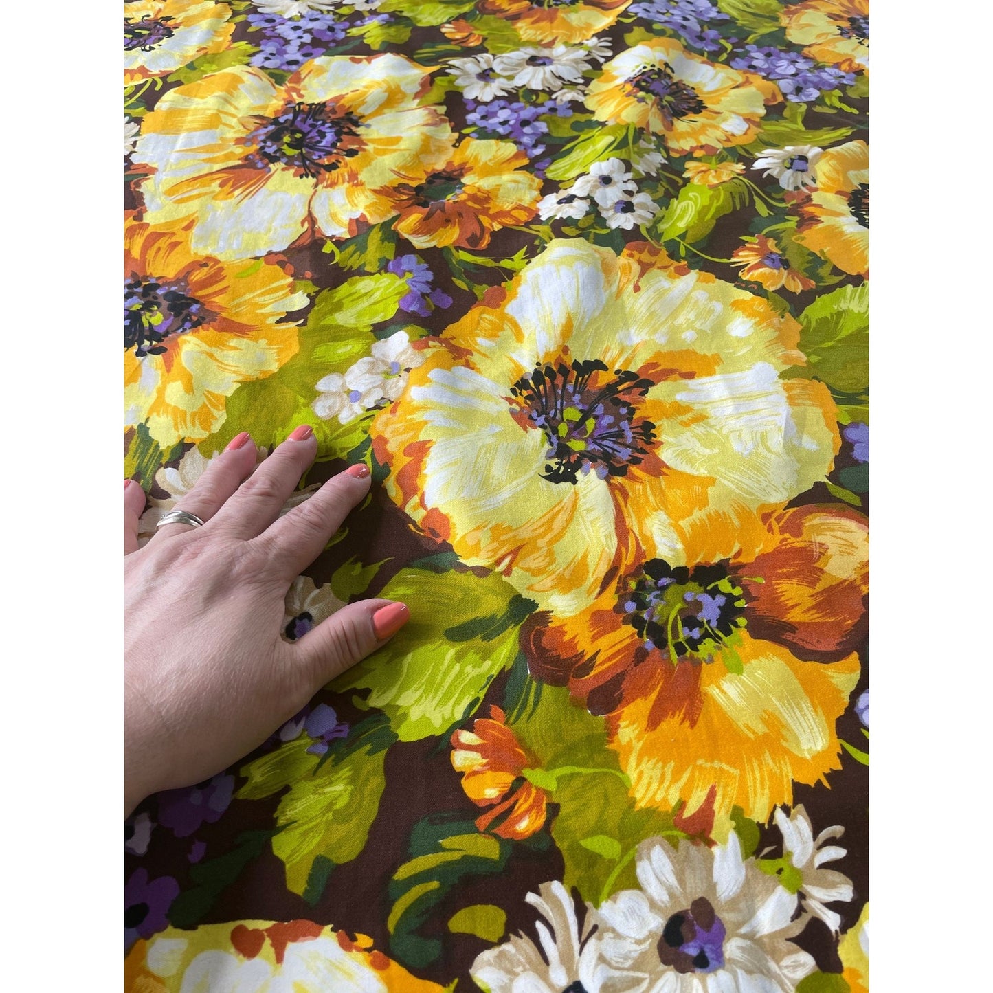 Vintage 80s pleated curtain, orange large flowers panel