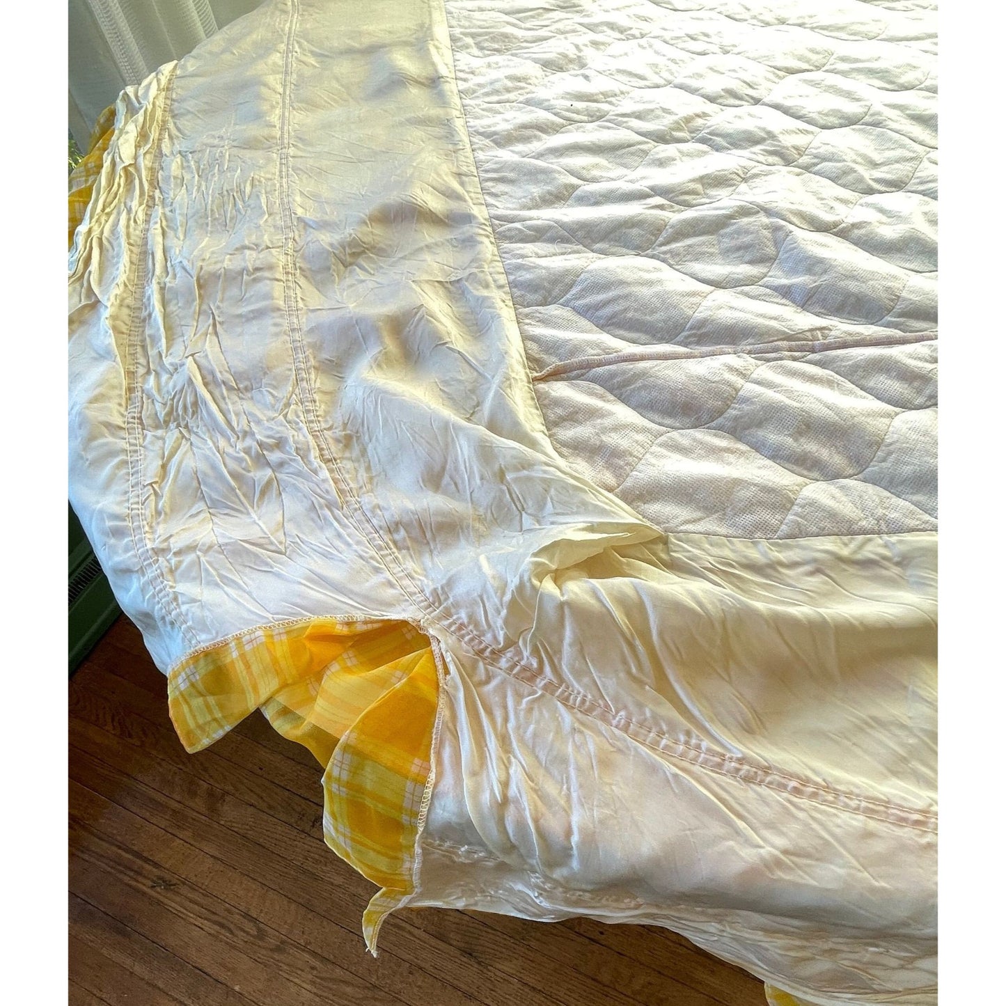 Vintage 70s quilted bedspread, yellow plaid ruffled satin, twin size