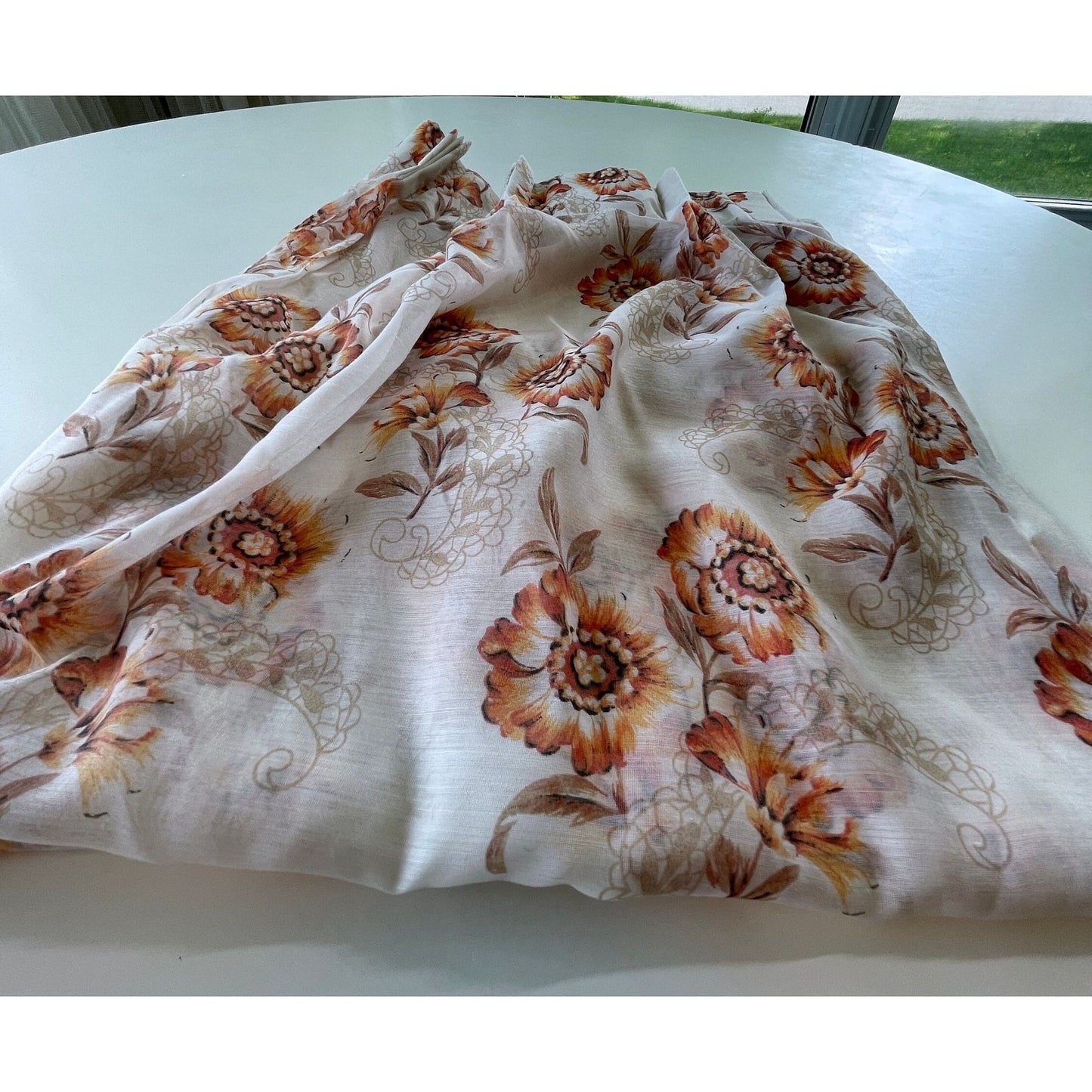 Vintage 60s sheer orange floral pleated curtain