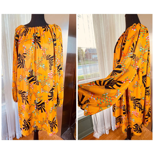 Vintage 70s oversized blouse, yellow black green and orange geometric pattern, puffy sleeves