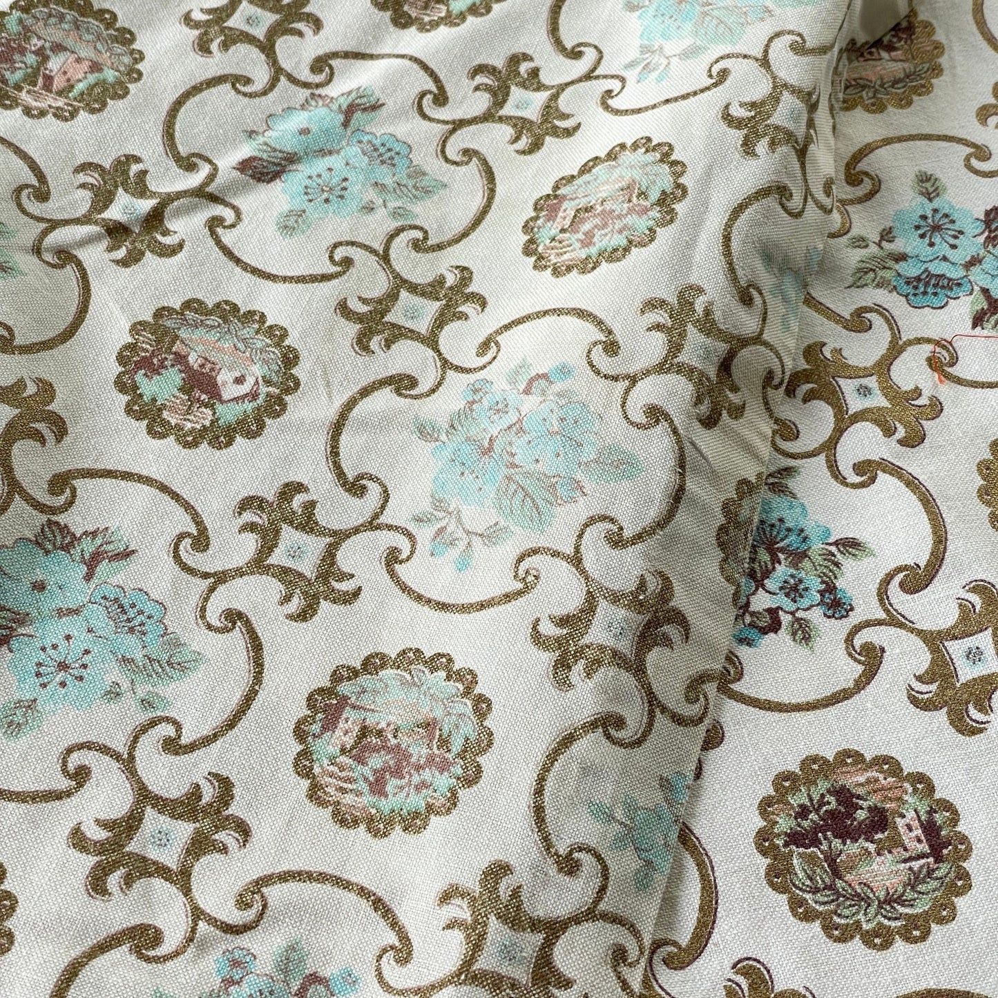 Vintage 50s curtain panel, cream blue gold pleated or rod pocket