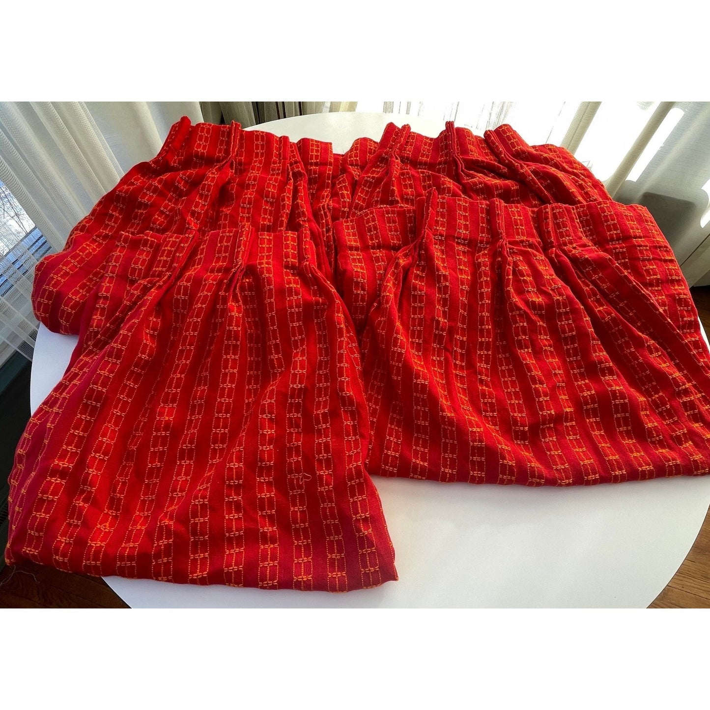 Vintage 70s pleated curtains, pair of red woven panels