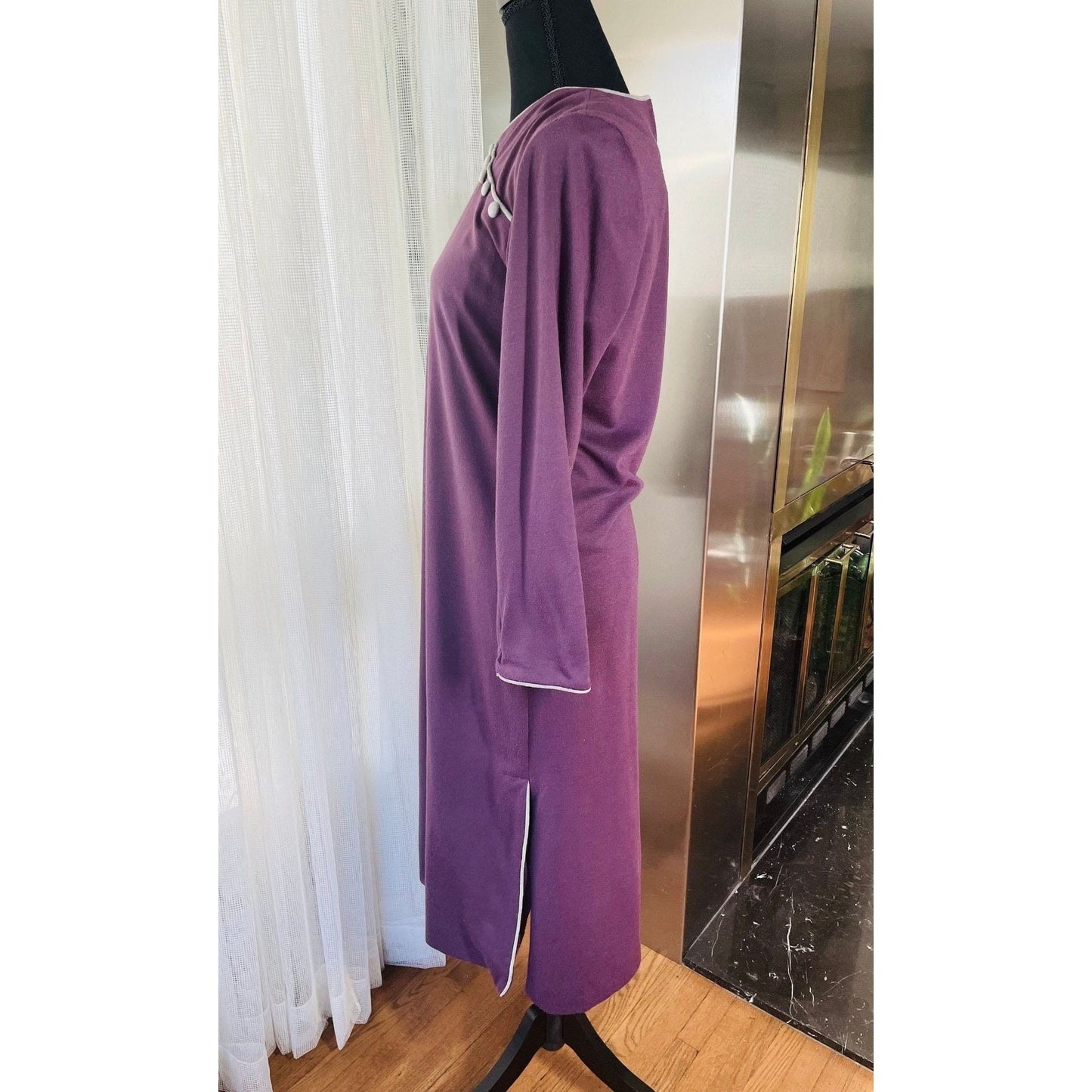 Vintage 80s dress, purple and grey, long sleeves, Mr Edwards