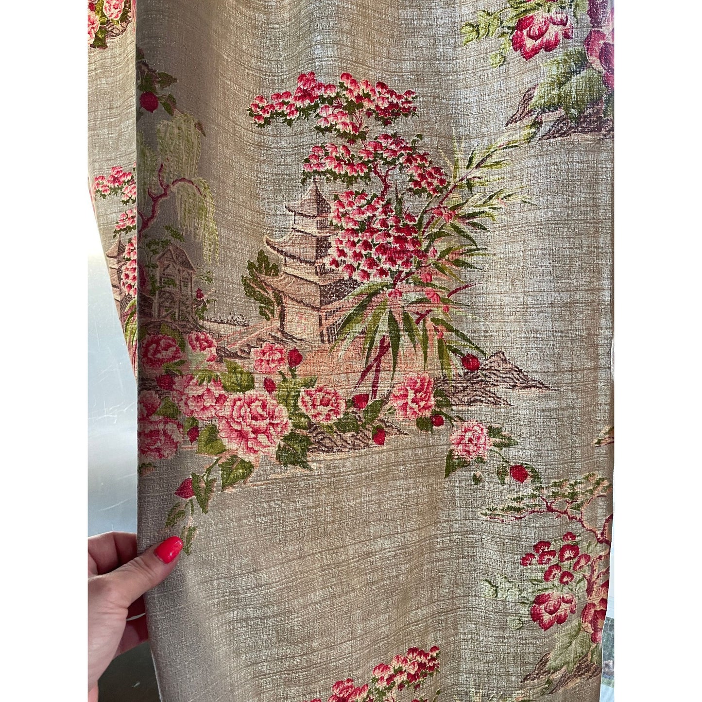 Vintage MCM barkcloth curtain, Asian inspired pink blossom trees