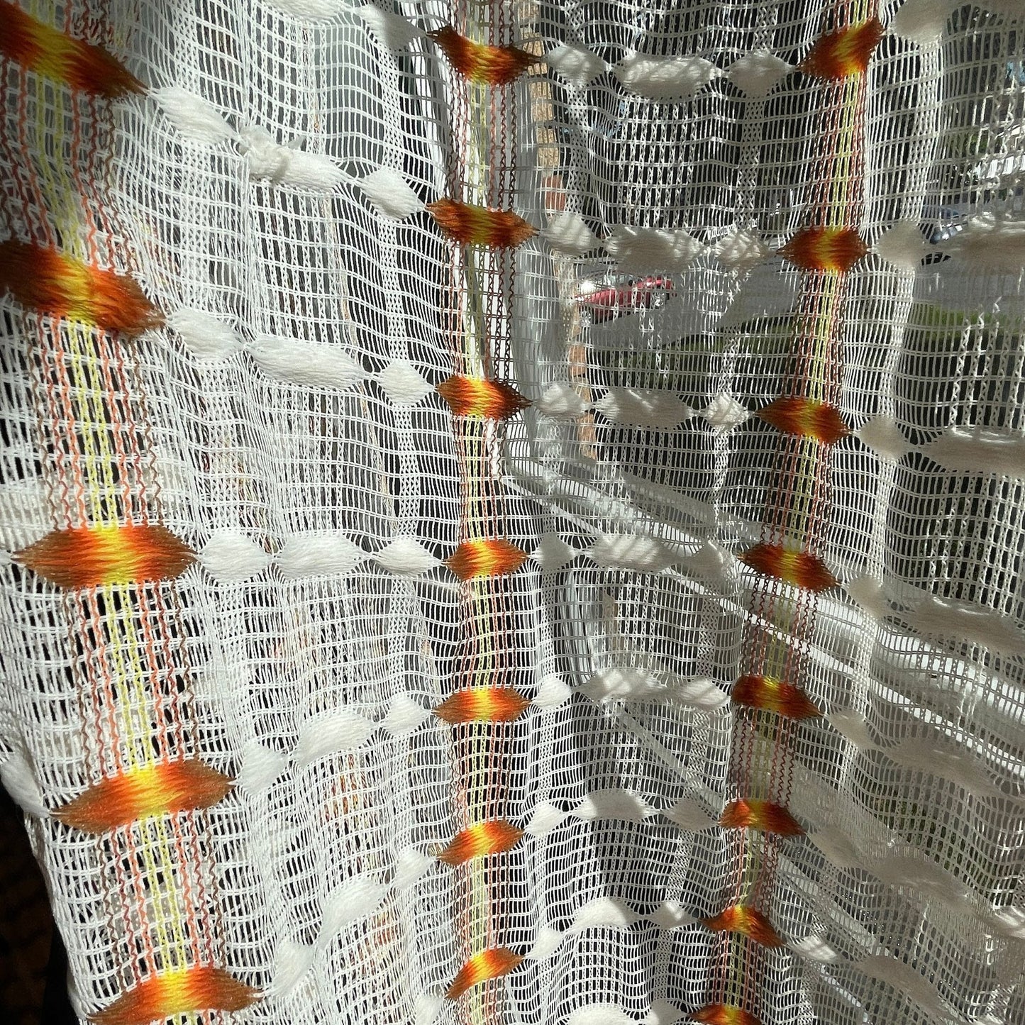 Vintage 70s curtain, orange groovy pattern, mesh panel