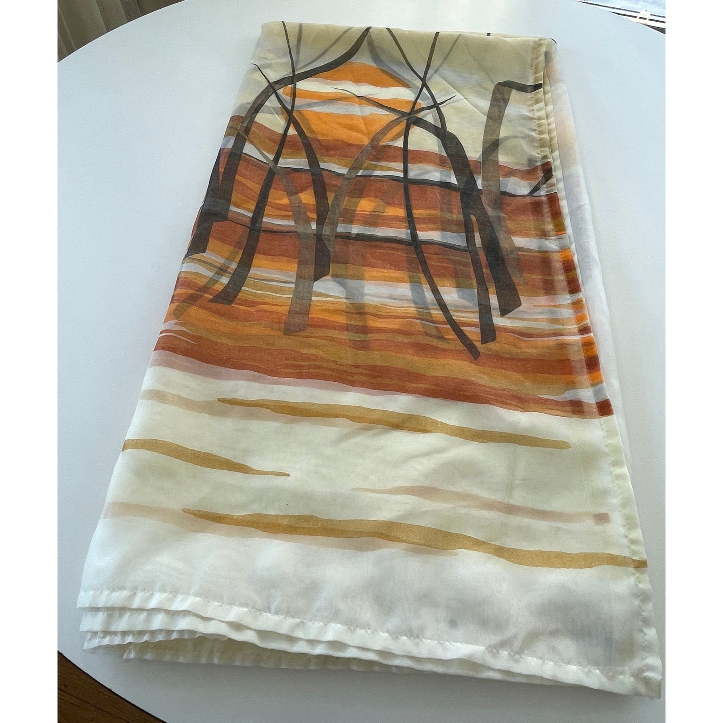 Vintage 70s shower curtain, cattail, orange sunset