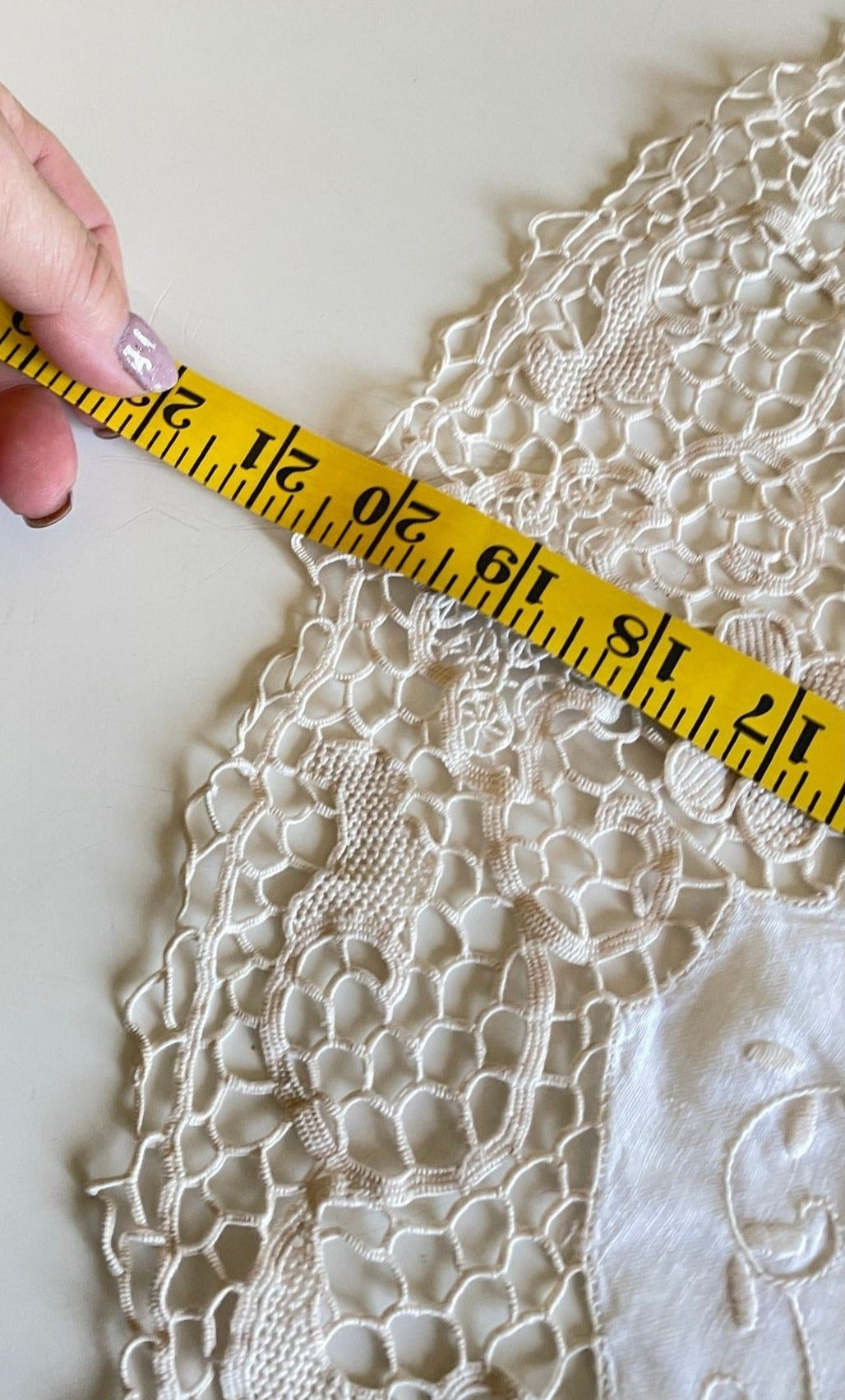 Vintage embroidered and crochet doily, 20 inches wide