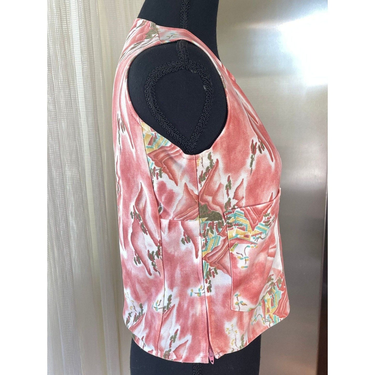 Vintage 80s tank top with pockets, pink abstract pattern