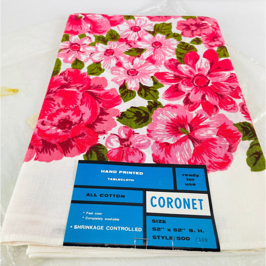 Vintage 70s square tablecloth, 52" x 52", pink flowers