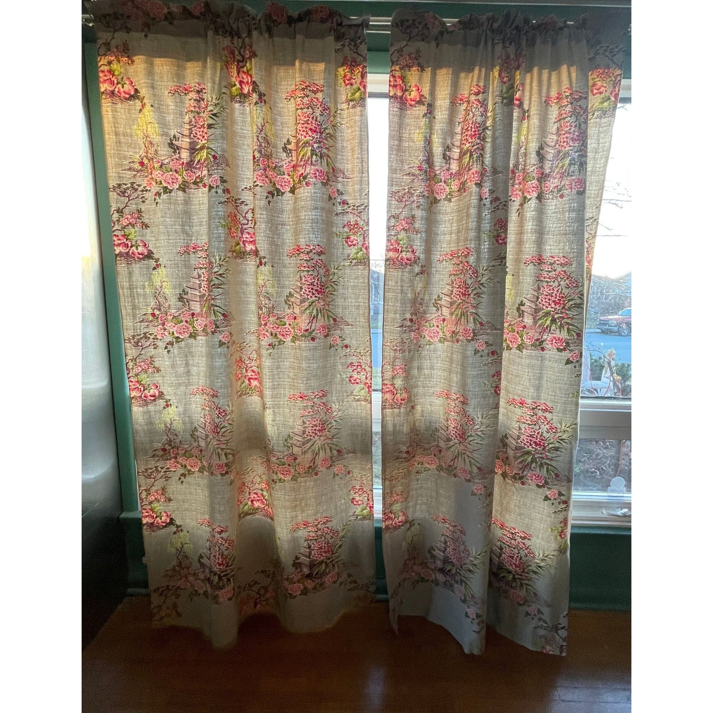Vintage MCM barkcloth curtain, Asian inspired pink blossom trees
