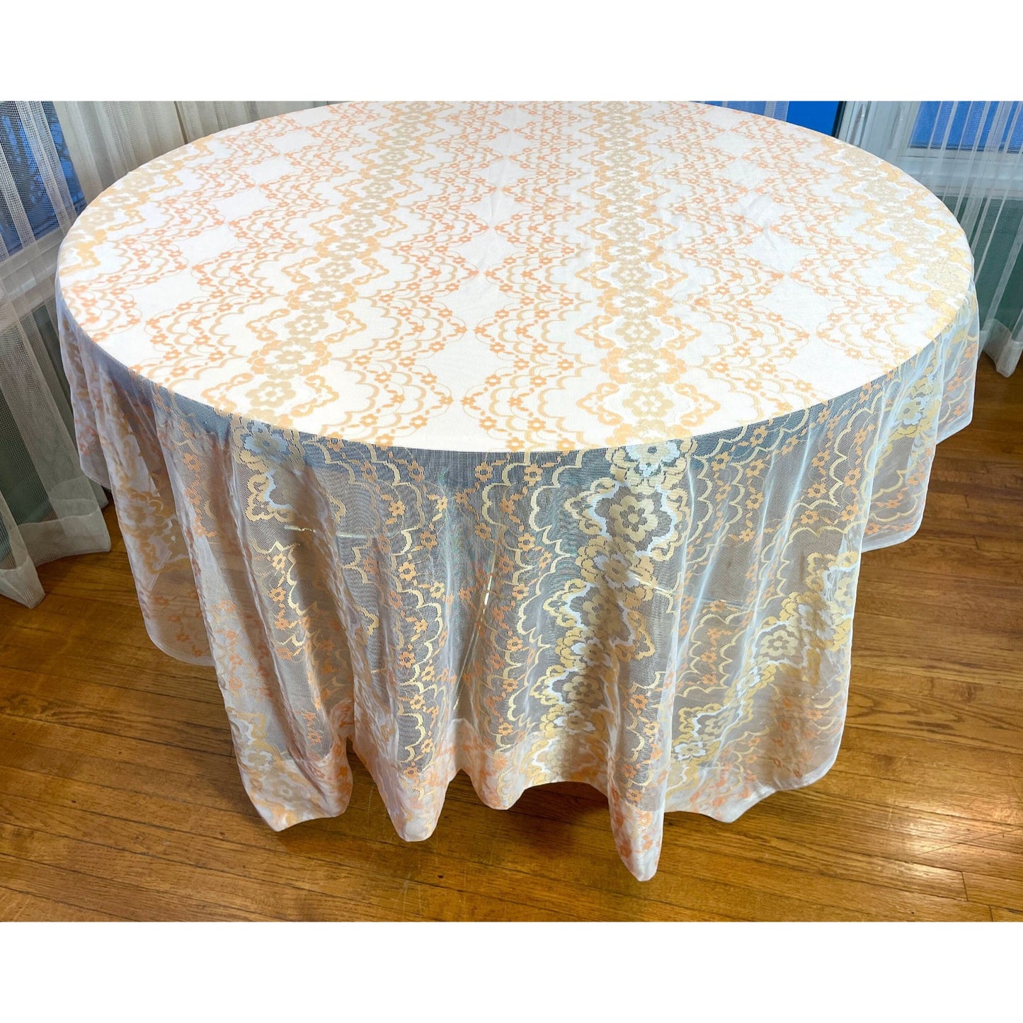 Vintage 70s mesh curtains, orange white groovy pattern, pair
