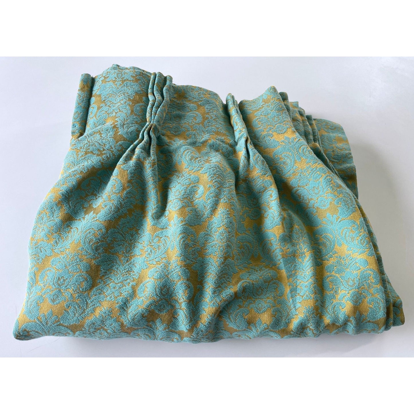 Vintage 60s pleated curtain, teal gold damask