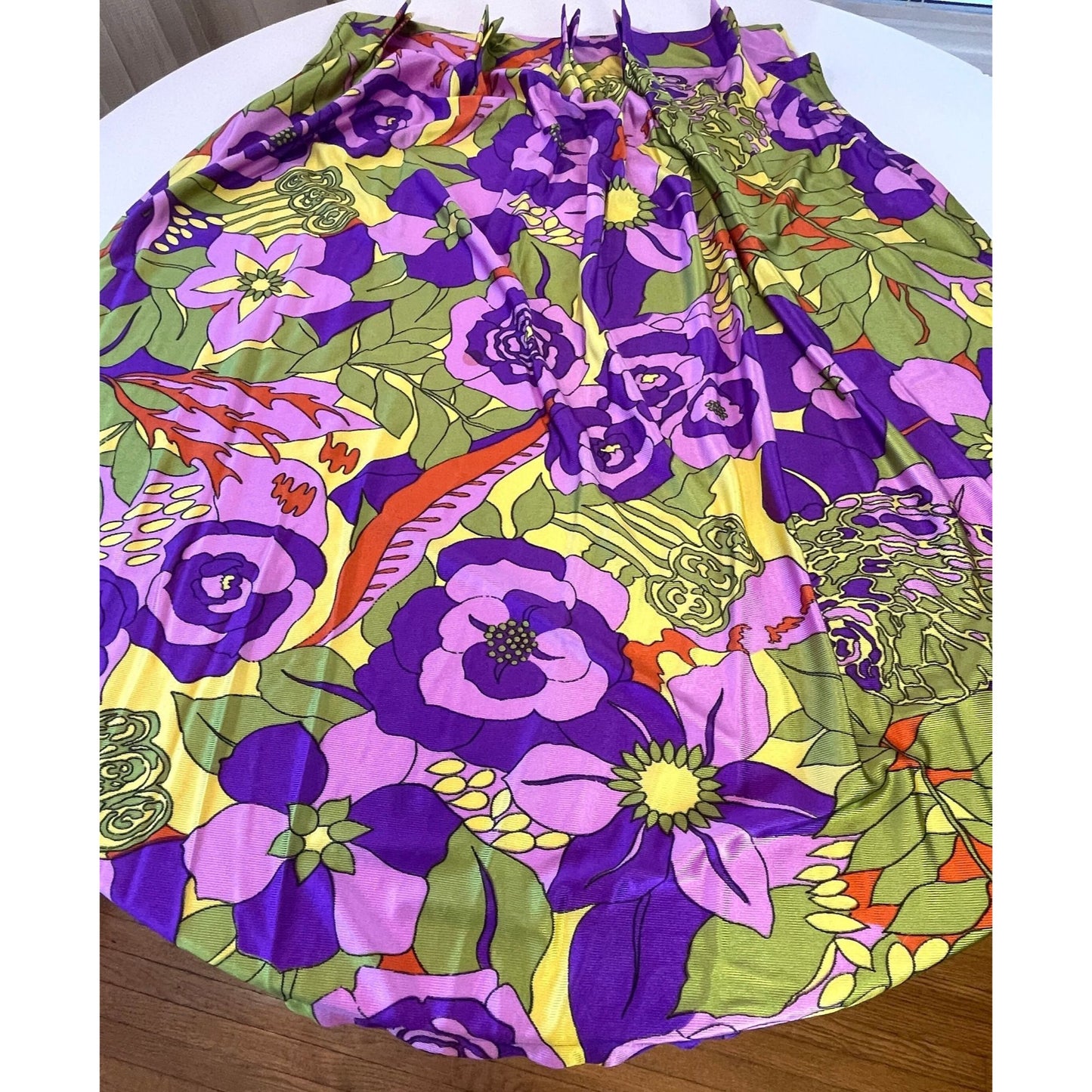 Vintage 70s pleated curtains, green purple abstract pattern