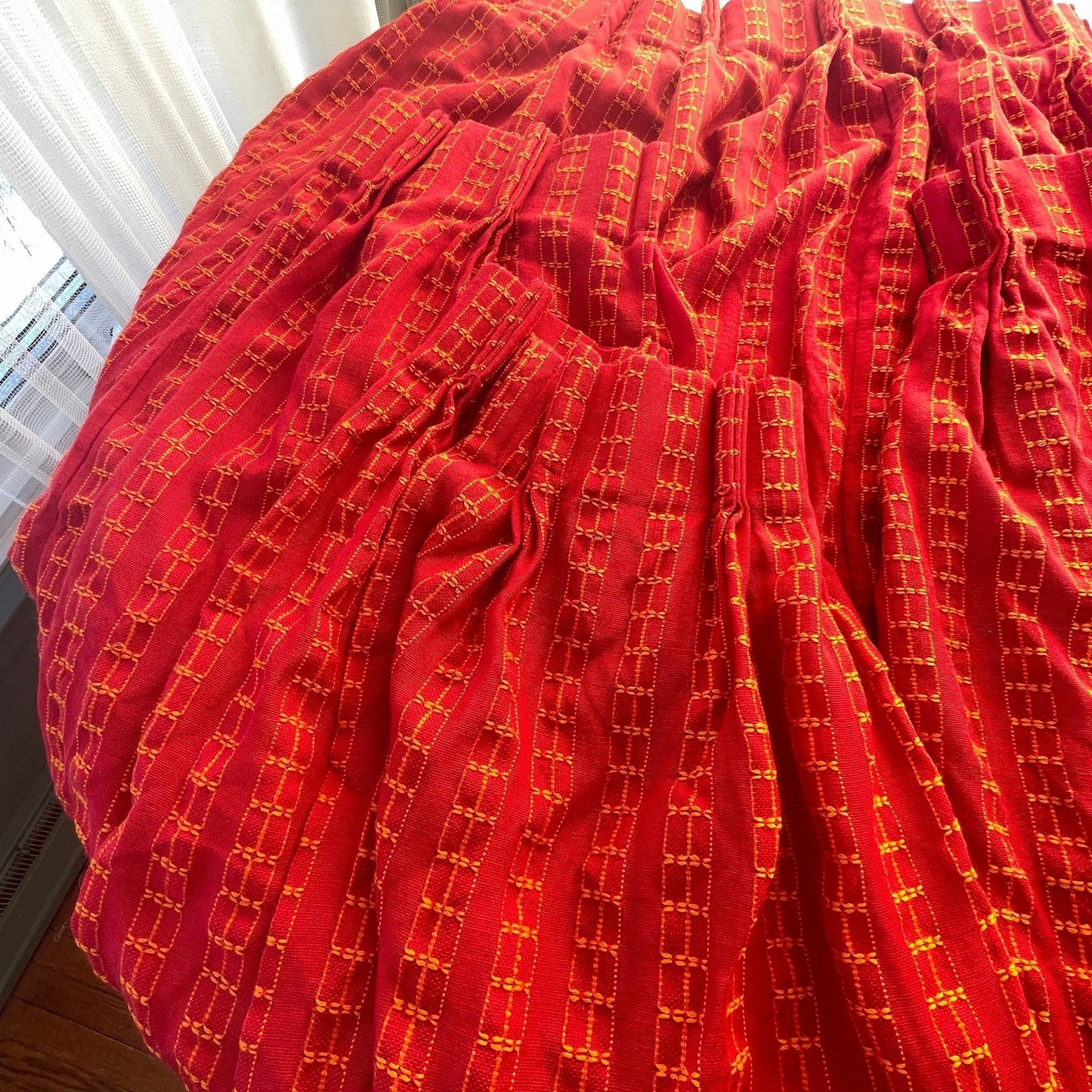 Vintage 70s pleated curtains, pair of red woven panels