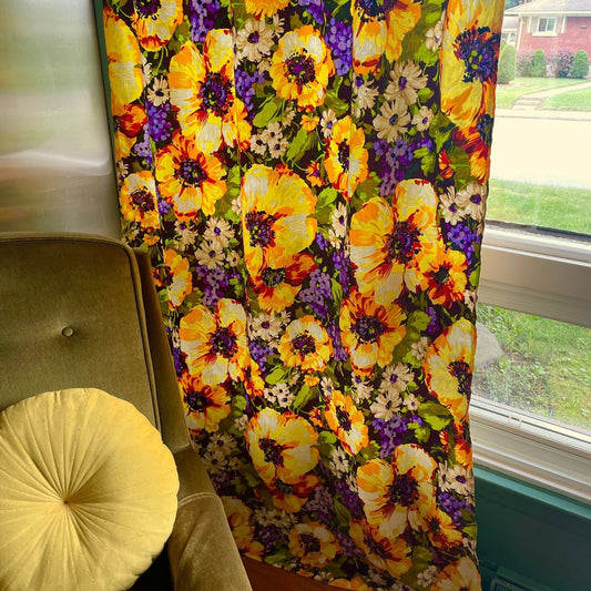 Vintage 80s pleated curtain, orange large flowers panel