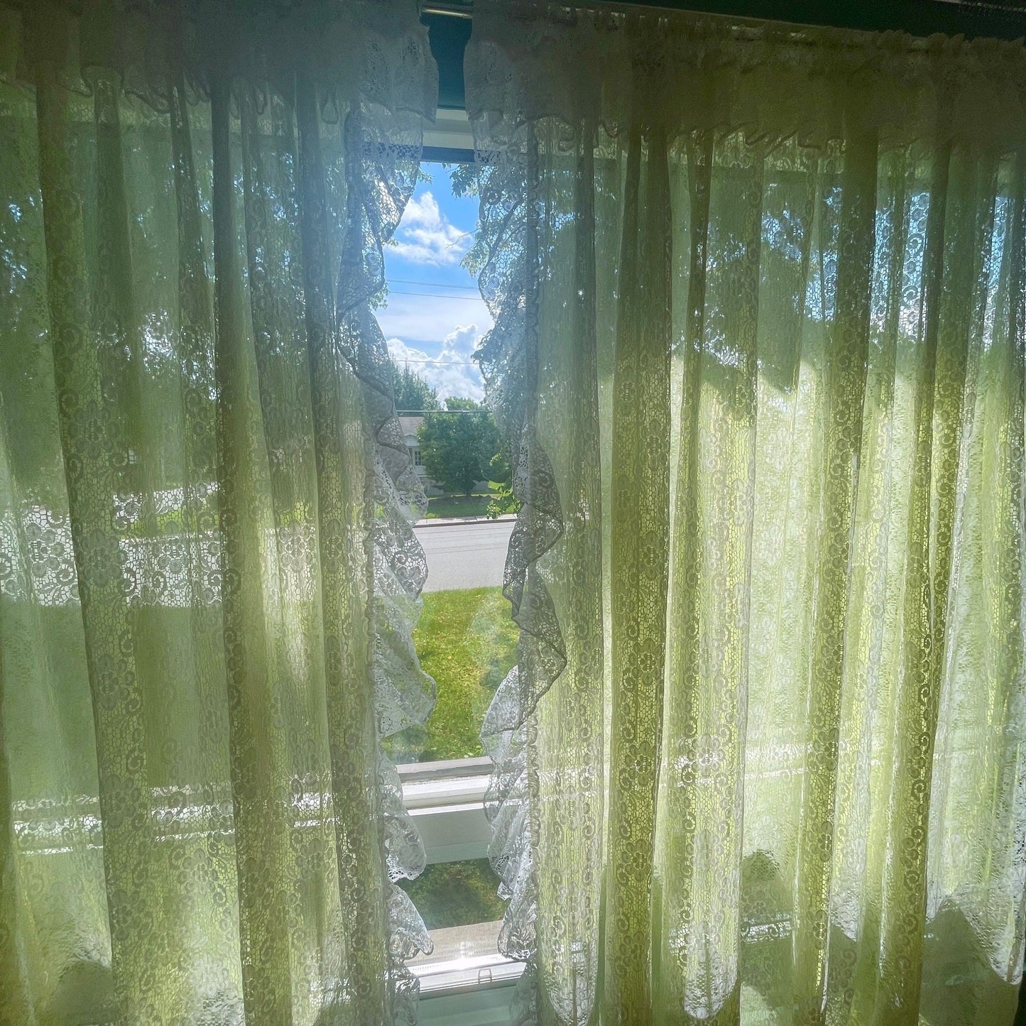 Vintage 70s mesh green and white ruffled curtains