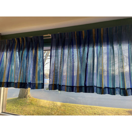 Vintage 70s pleated curtains, blue stripes, pair