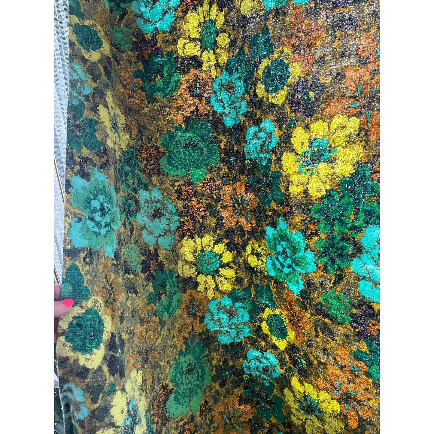 Vintage 50s barkcloth green flowers curtain