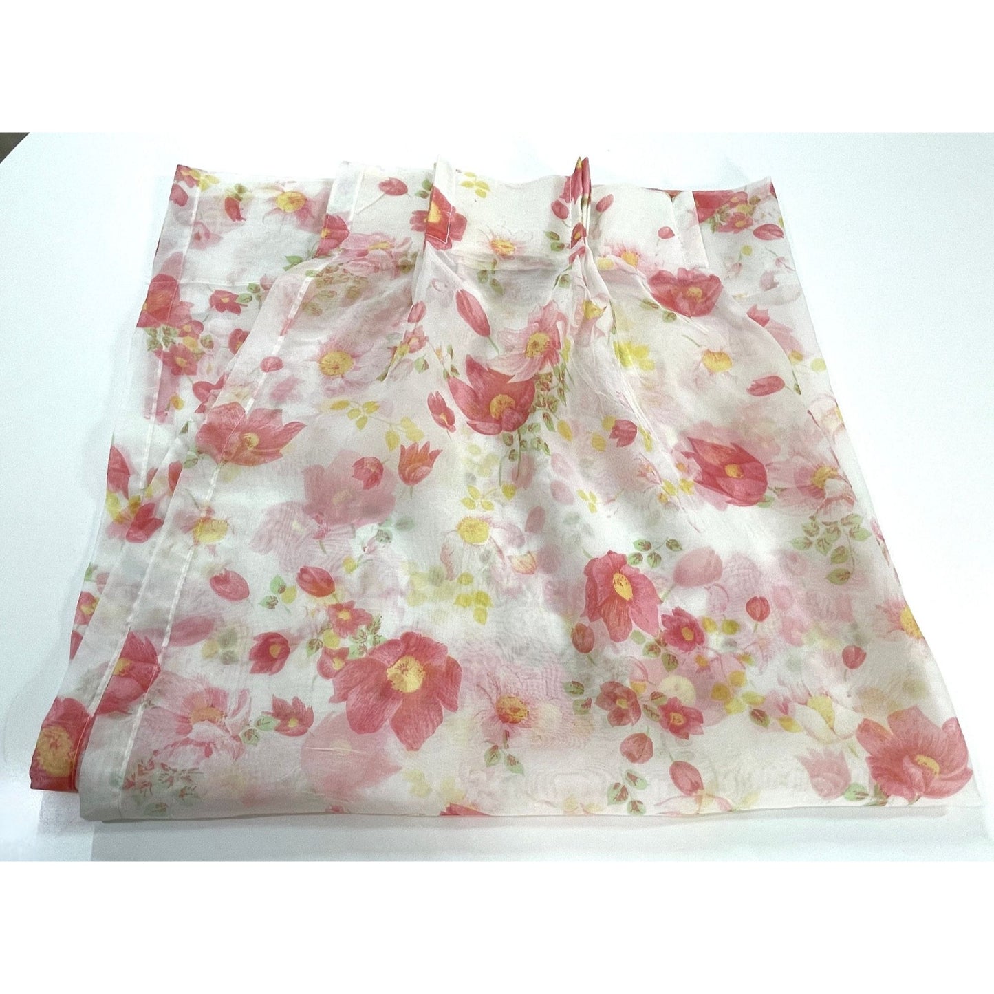 Vintage 70s pleated curtain, pink floral, sheer panel