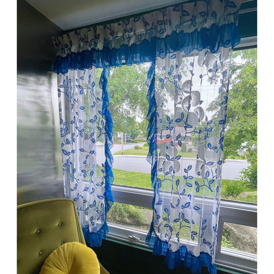 Vintage 80s ruffled double curtains, royal blue, white mesh