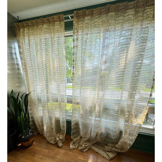 Vintage 70s pleated curtain, cream, tan and brown mesh panel