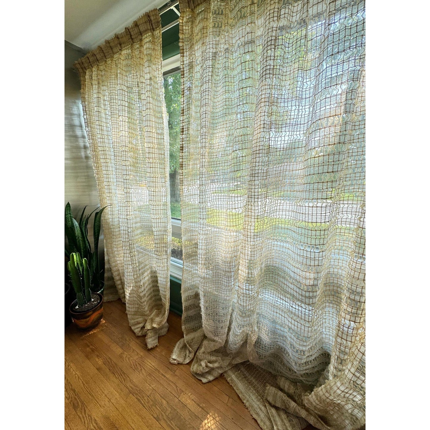 Vintage 70s pleated curtain, cream, tan and brown mesh panel