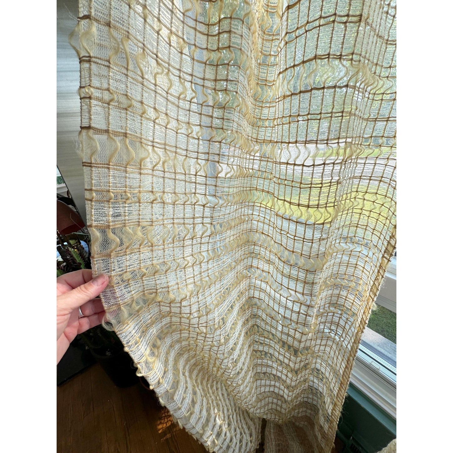 Vintage 70s pleated curtain, cream, tan and brown mesh panel