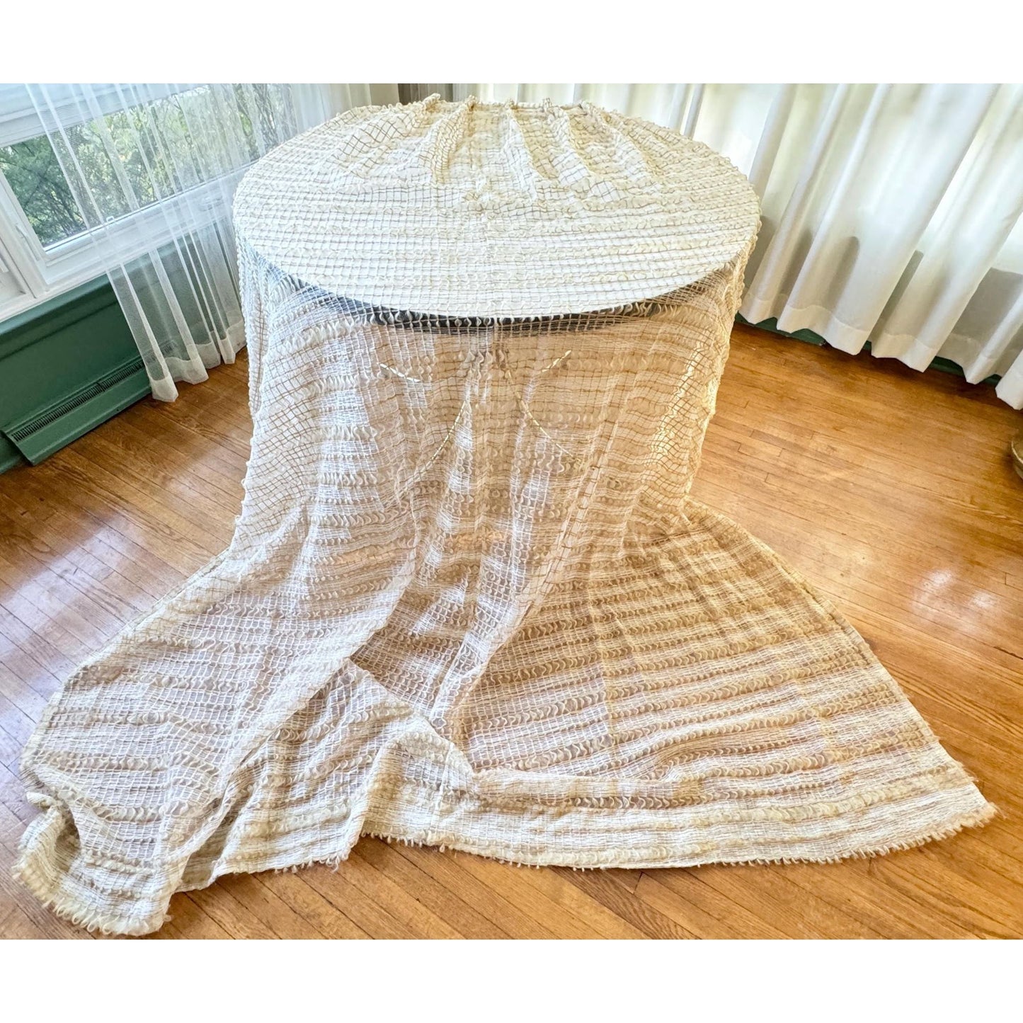 Vintage 70s pleated curtain, cream, tan and brown mesh panel
