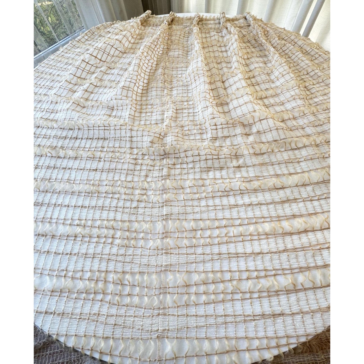 Vintage 70s pleated curtain, cream, tan and brown mesh panel