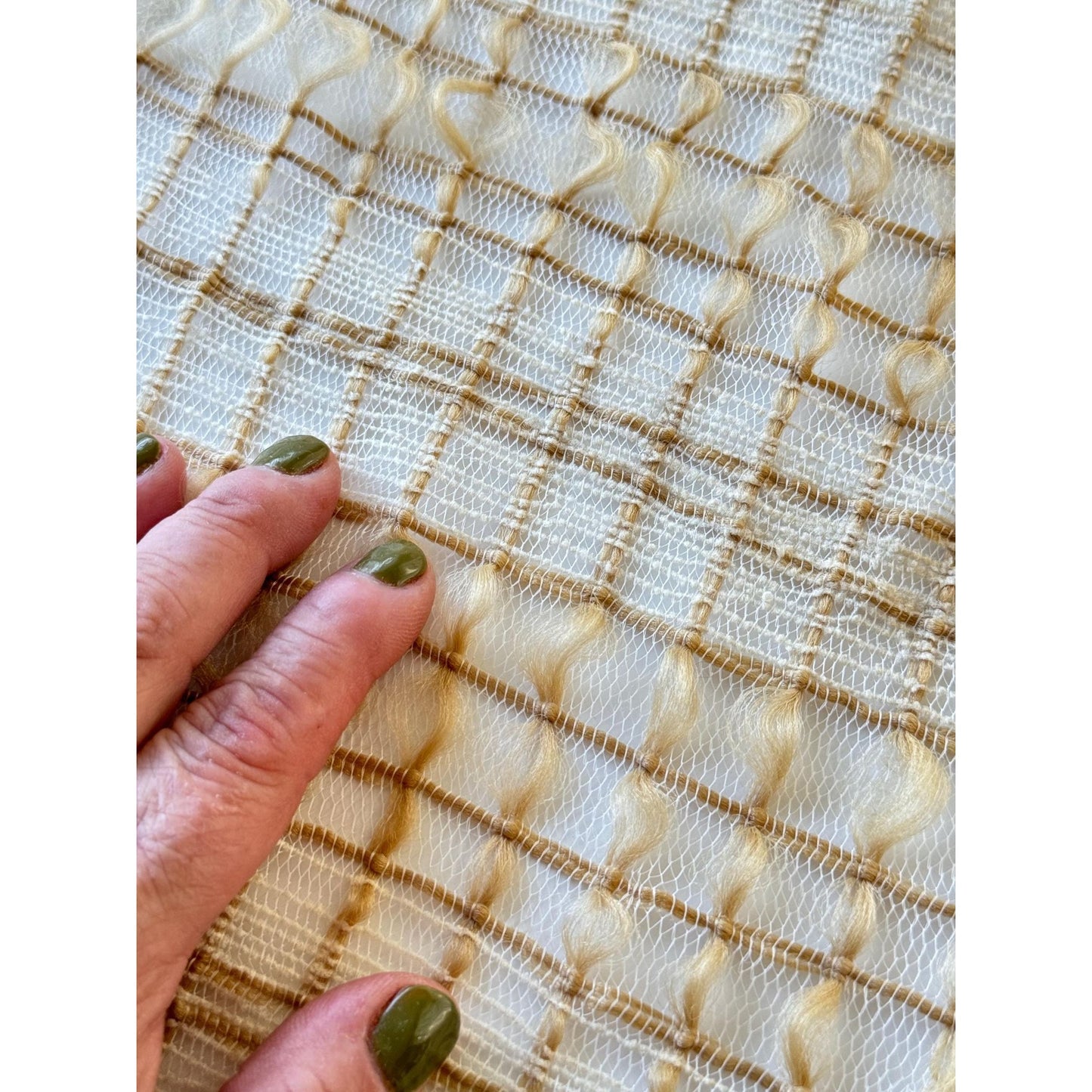 Vintage 70s pleated curtain, cream, tan and brown mesh panel