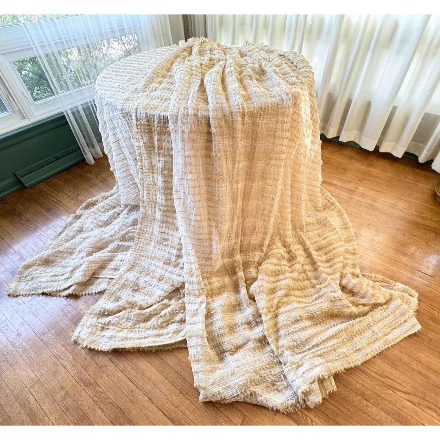 Vintage 70s pleated curtain, cream, tan and brown mesh panel