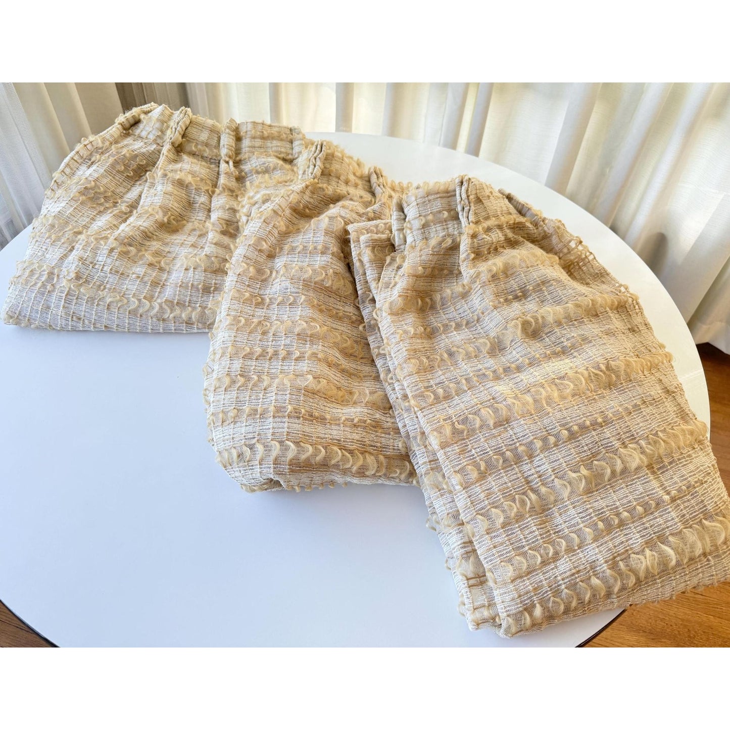 Vintage 70s pleated curtain, cream, tan and brown mesh panel