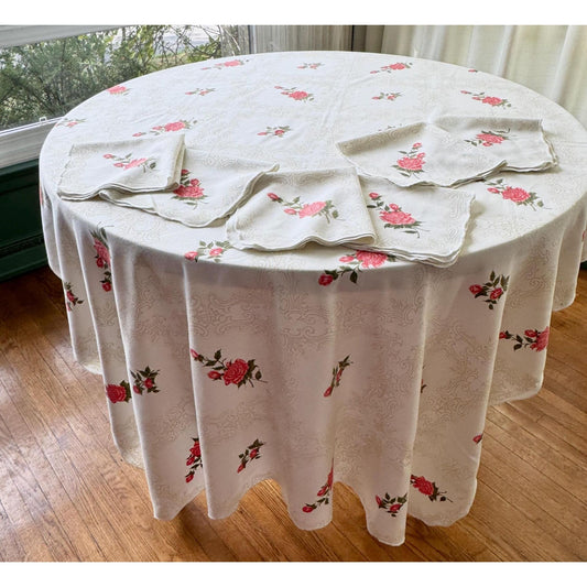 Vintage 80s rectangle floral tablecloth and 6 assorted napkins, pink rose buds and green leaves