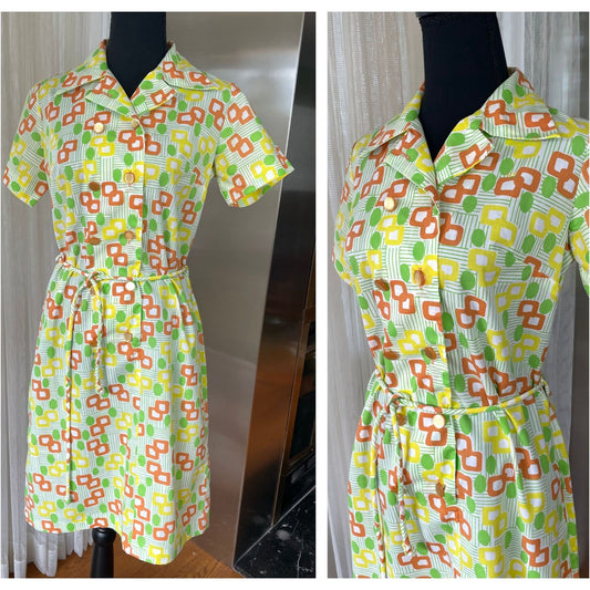 Vintage 70s dress, yellow, green, orange geometric pattern, short sleeves