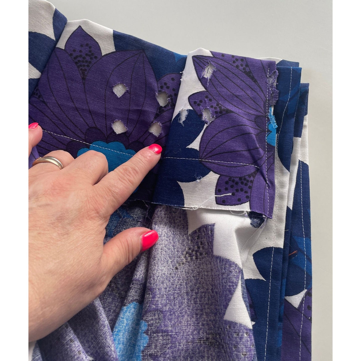 Vintage 70s pleated curtains, purple and blue flowers