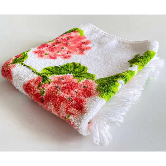 Vintage hand towel, pink flowers, fringed