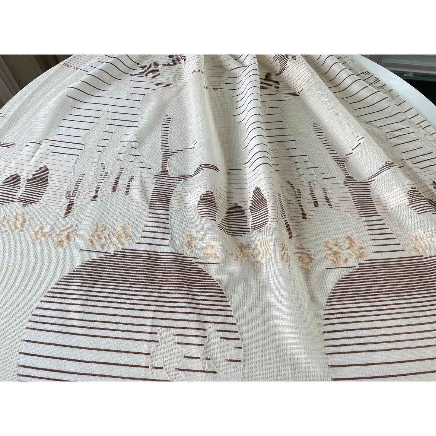 Vintage 80s pleated curtain, beige and brown artistic scenery, single panel