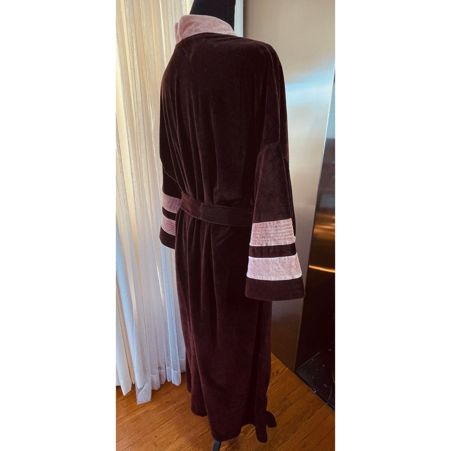 Vintage 1970s bathrobe, chocolate brown velvet, Pierre Cardin