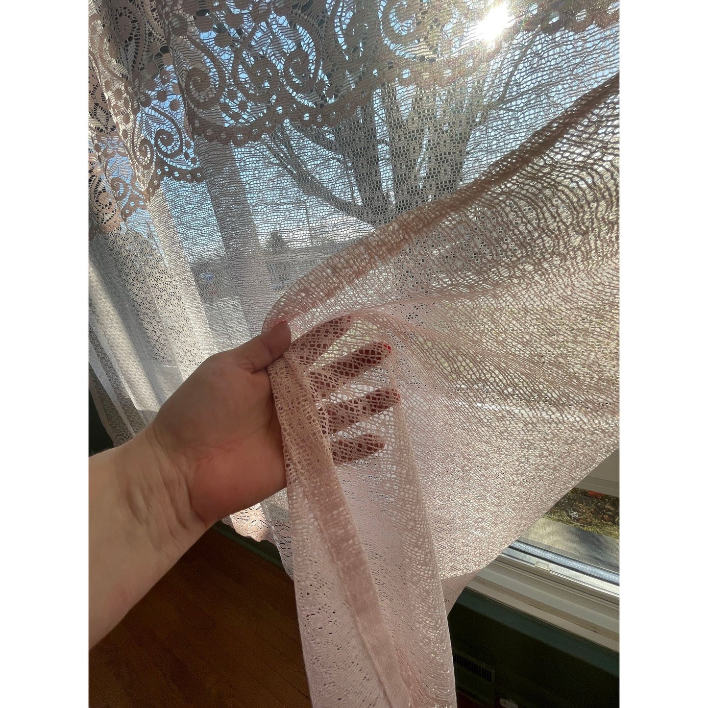 Vintage curtain, pink machine made lace sheer panel