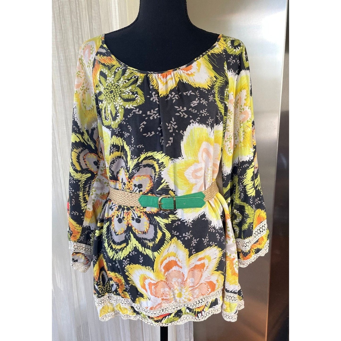 Vintage 80s oversized blouse, black, yellow orange flowers, bell sleeves