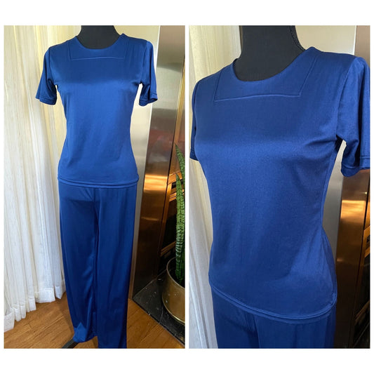 Vintage 70s nylon pajama, midnight blue two pieces set, Abak Montreal